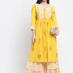 KALINI Women Yellow Floral Printed Pleated Thread Work Kurta with Sharara-6