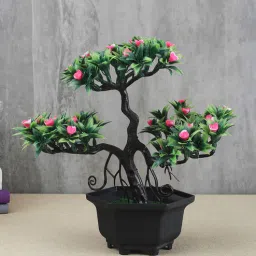 Green Plastic and Polyester Blend Artificial 3 Headed Bonsai Tree with Pink Flowers by Foliyaj-picture-48