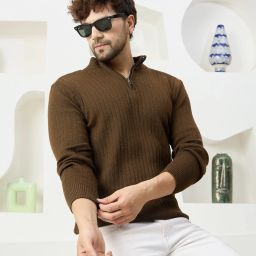 Men Self Design High Neck Brown Sweater-image-15