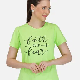 BASE 41 Women Fluorescent Green Typography Printed Slim Fit Cotton T-shirt-image-73