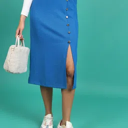 Tokyo Talkies Blue Straight Knee Length Skirts-picture-46