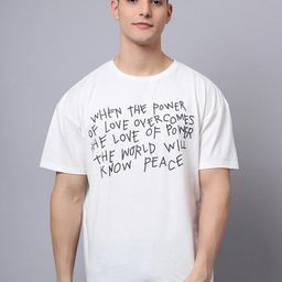 DOOR74 Men Off White Typography Printed Loose T-shirt-image-96