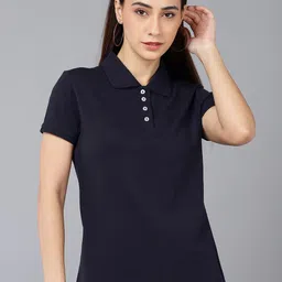 SHARKTRIBE Women Navy Blue Polo Collar Slim Fit Cotton T-shirt-picture-40