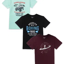 Gini and Jony Boys Pack Of 3 Typography Printed Cotton T-shirt-image-42