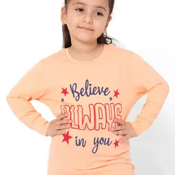Bodycare Kids Girls Peach Typography Printed Round Neck Full Sleeves Cotton T-shirt-image-63