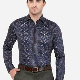 JB STUDIO Men Blue Cotton Classic Slim Fit Printed Formal Shirt-image-56