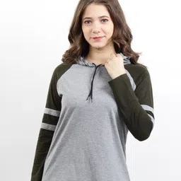 BASE 41 Women Olive Green & Grey Colourblocked Slim Fit Cotton T-shirt-image-48
