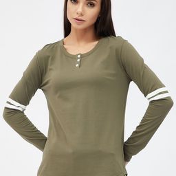 Harpa Women Olive Green  White Henley Neck Pure Cotton T-shirt-image-25