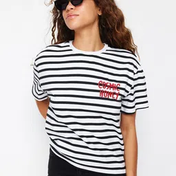 Trendyol Horizontal Striped Round Neck Cotton T-shirt-image-37