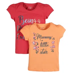 PLUM TREE Girls Set-2 Red Typography Printed Pure Cotton T-shirt-image-86