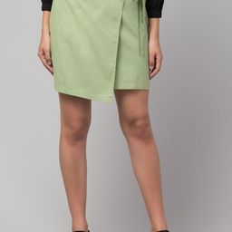 Orchid Blues Green Solid Cotton Mini Wrap Skirt-image-92