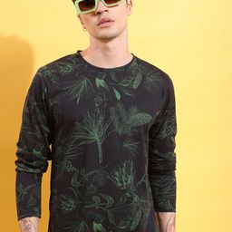 HIGHLANDER Black & Green Floral Printed Relaxed Fit T-shirt-image-11