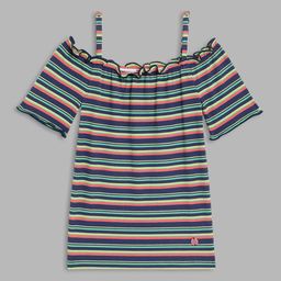 Blue Giraffe Girls Multicoloured Striped Polo Collar Applique T-shirt-image-78