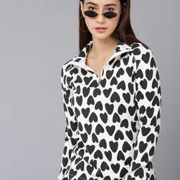 SHARKTRIBE Women White & Black Printed High Neck Monochrome Slim Fit Cotton T-shirt-picture-5