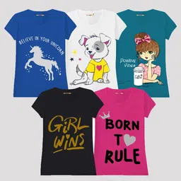 KUCHIPOO Girls Multicoloured & yale blue 5 Printed Extended Sleeves T-shirt-16