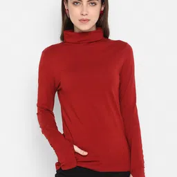 SHARKTRIBE Women Burgundy Turtle Neck Slim Fit T-shirt-15