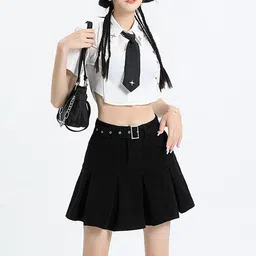 LULU & SKY Pleated A-Line Mini Skirt With Buckle Belt-image-6