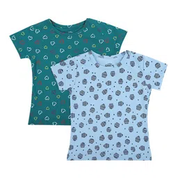 DYCA Pack Of 2 Girls Teal & Blue Printed Cotton Round Neck Short Sleeves T-shirt-44