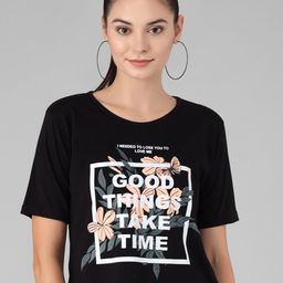 Twinsboys Women Black Typography Printed Pure Cotton T-shirt-image-44