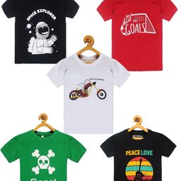 OBOW Boys Pack Of 5 Red & Green Printed Bio Finish Cotton T-shirt-36
