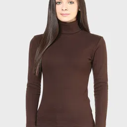 Hypernation Women Brown High Neck T-shirt-16