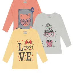 Kiddeo Girls Pack of 3 Printed Long Sleeves Cotton T-shirts-picture-28