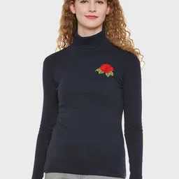 Hypernation Women Navy Blue High Neck T-shirt-22