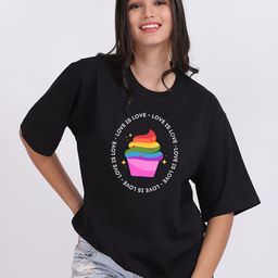 Mad Over Print Women Black Love Is Love Typography Print Oversized T-shirt-image-71