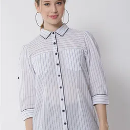 Tulsattva Women White Classic Striped Cotton Casual Shirt-image-13