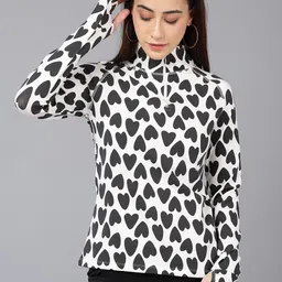 SHARKTRIBE Women White & Black Printed High Neck Monochrome Slim Fit Cotton T-shirt-picture-4