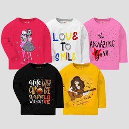 KUCHIPOO Girls Multicoloured Pack Of 5 Printed Applique T-shirt-image-60