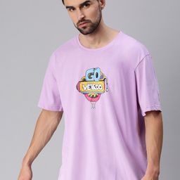 VEIRDO Men Purple Printed Drop-Shoulder Sleeves Raw Edge Oversized  T-shirt-image-97