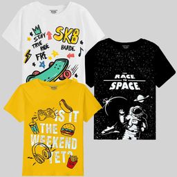 KUCHIPOO Boys Pack Of 3 Typography Printed Round Neck Cotton T-shirts-image-8