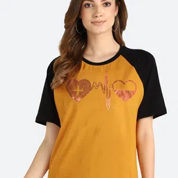shashvi Women Mustard Yellow & Black Typography Printed T-shirt-image-6