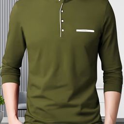 AUSK Men Green Mandarin Collar Roll-Up Sleeves T-shirt-image-12