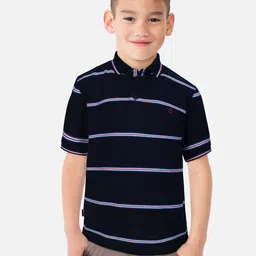 Gini and Jony Boys Navy Striped Polo Collar Pure Cotton T-shirt-image-70