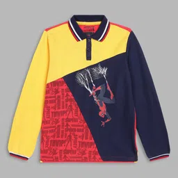 Blue Giraffe Boys Navy Blue & Yellow Spider-Man Colourblocked Polo Collar Cotton T-shirt-image-68