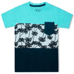 Silver Fang Boys Turquoise Blue & Navy Blue Floral Printed Tropical T-shirt-image-80