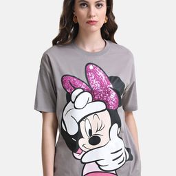Kazo Women Grey Mickey Mouse Printed Drop-Shoulder Sleeves Loose T-shirt-image-32