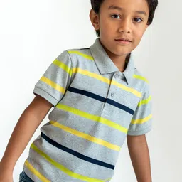 Campana Boys Grey & Yellow Striped Polo Collar Pure Cotton Applique T-shirt-image-91