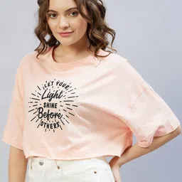 CHIMPAAANZEE Women Peach-Coloured Typography Printed Drop-Shoulder Sleeves Raw Edge Loose T-shirt-image-92
