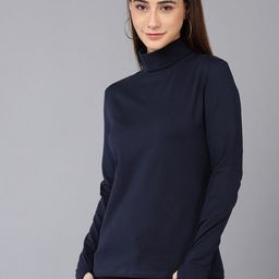 SHARKTRIBE Women Navy Blue High Neck Slim Fit Cotton T-shirt-picture-39