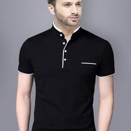 REYA Men Black Mandarin Collar Pure Cotton T-shirt-image-85