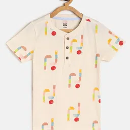 MINI KLUB Boys Cream-Coloured Printed Henley Neck Pure Cotton T-shirt-image-20