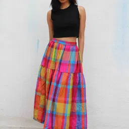 Chidiyaa Checked Pure Cotton Flared Maxi Skirt-image-11