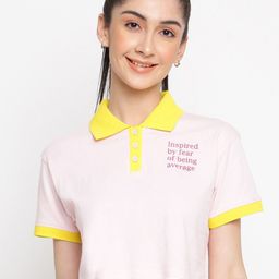Belliskey Women Pink Printed Polo Collar Applique T-shirt-image-80