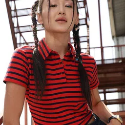 STREET 9 Red Striped Polo Collar Pure Cotton Crop T-shirt-image-67