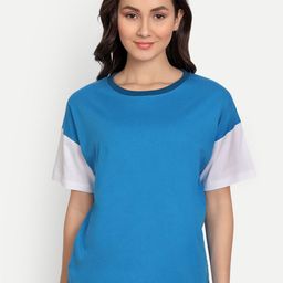iki chic Women Blue Colourblocked Cotton T-shirt-image-53