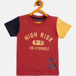 Camey Boys Red Typography Printed Applique Slim Fit T-shirt-image-47