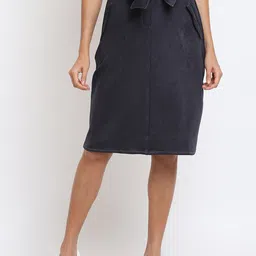 am ma Women Navy Blue Solid Straight Knee-Length Skirt-47